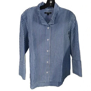 KARL RIEMAN Striped Button Front Pinpoint Oxford Shirt  Blue White Stripes Sz S